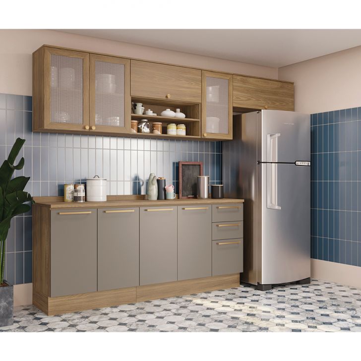 Cozinha Compacta Botanic com Tela 9 Portas 3 Gavetas Nogueira e Fendi