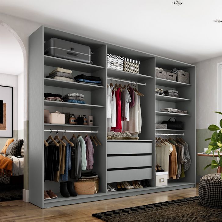 Guarda-roupa Closet Monreale 100 % Mdf 3 Gavetas Cinza 237 Cm