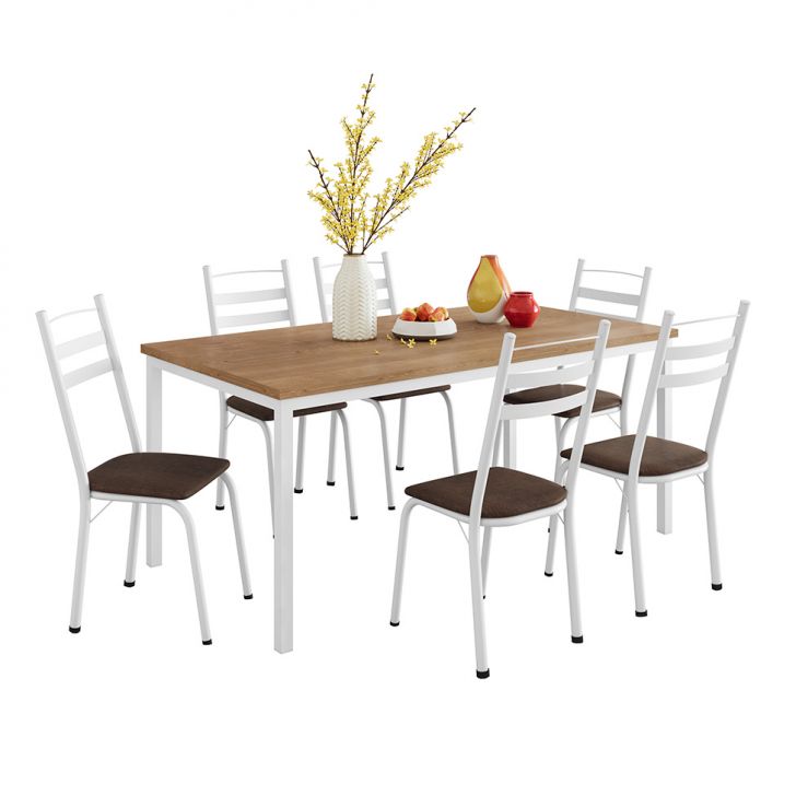 Conjunto De Mesa Retangular Com Tampo De Mdp Amadeirado E 6 Cadeiras Adriana Iii Revestimento Sintético Imbuia E Branco