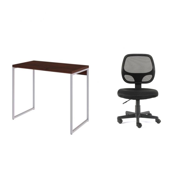 Conjunto de Mesa Studio Nogal e Branca com Cadeira de Escritório Secretária Giratória Oxford Preta