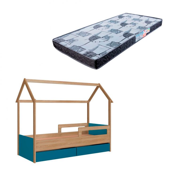 Cama Infantil Montessoriana Miney 2 GV Aveiro e Azul com Colchão Astra D20 Preto e Cinza
