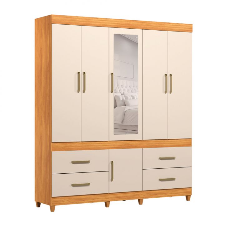 Guarda-roupa Casal Com Espelho Guarujá 6 Portas 4 Gavetas Cinnamon E Off White