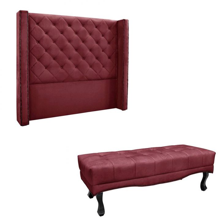 Conjunto de Cabeceira Queen com Recamier Vicenza Veludo Vinho