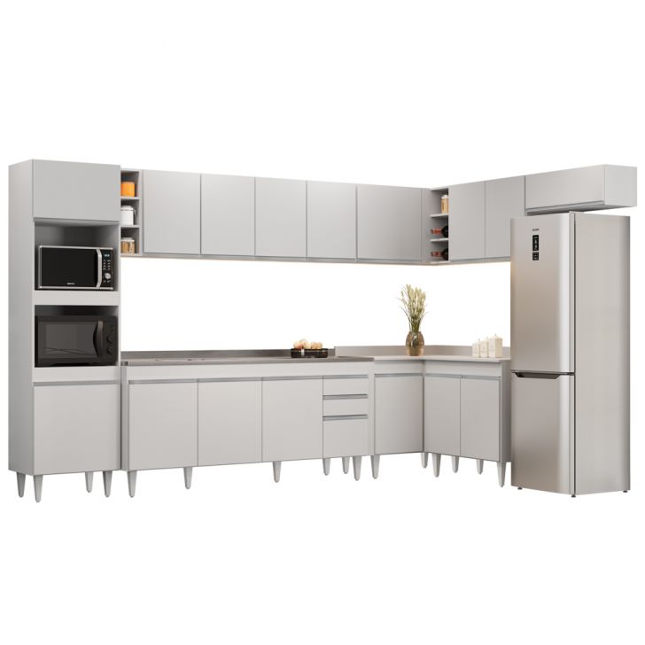 Armário de Cozinha Modulada de Canto 9 Peças CP06 Balcão com Pia Inox Branco - Lumil