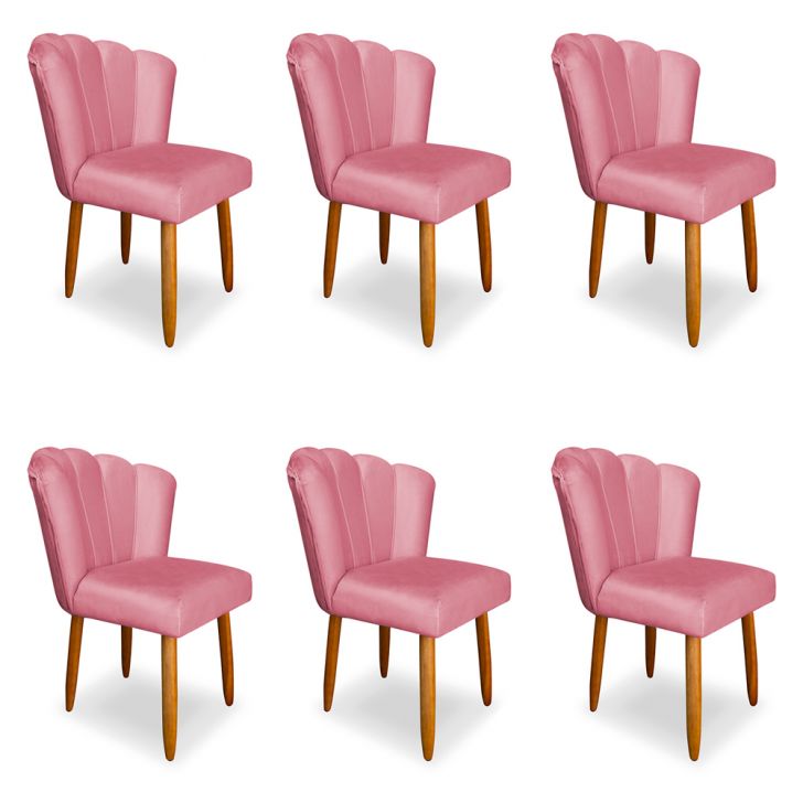 Kit 6 Cadeiras de Jantar Pétala Estofada Pés Palito Veludo Rosa - Montanaris Decor