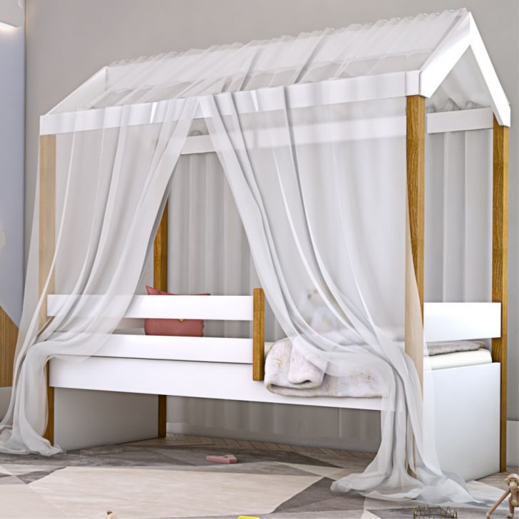 Cama Montessori Cabana Solteiro com Colchão e Dossel Branco