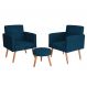 Conjunto com 2 Poltronas e 1 Puff Dallas Veludo Petróleo