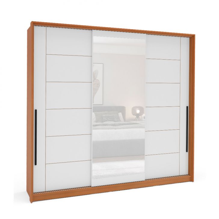 Image of Guarda-roupa Casal Com Espelho Lisboa 3 Portas 4 Gavetas Freijó E Branco PLA-MO895CL49OSOMOB