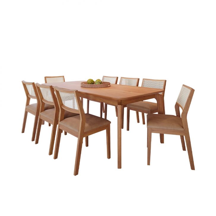 Conjunto De Mesa Retangular Com Tampo De Mdf Ficus E 8 Cadeiras Bella Revestimento Sintético Kaki E Cinamomo 210 Cm