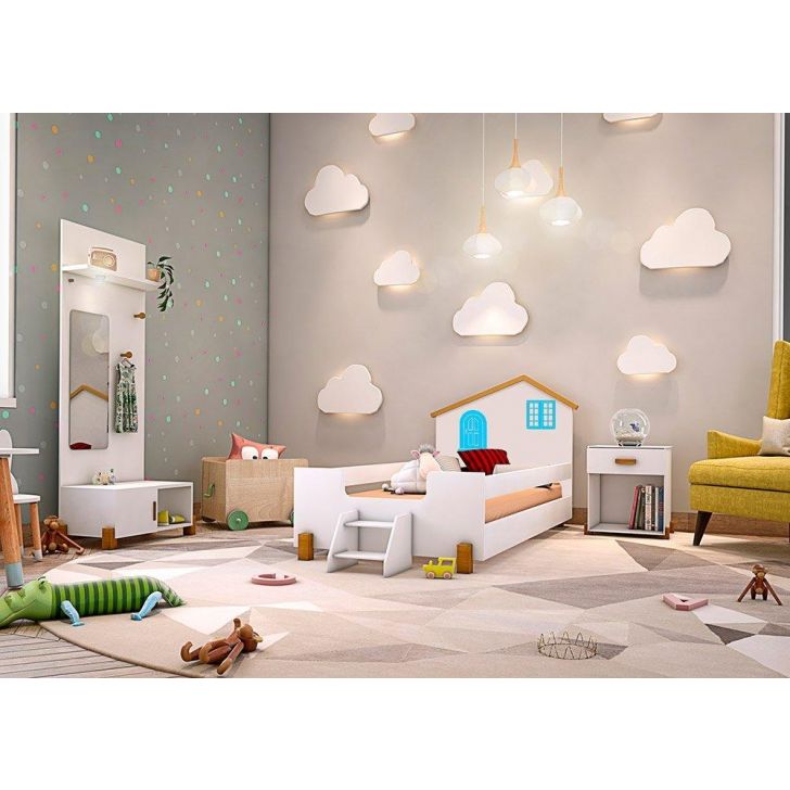 Cama Solteiro Casinha Belíssima Branca e Azul com 2 Luminárias e Colchão Divaloto