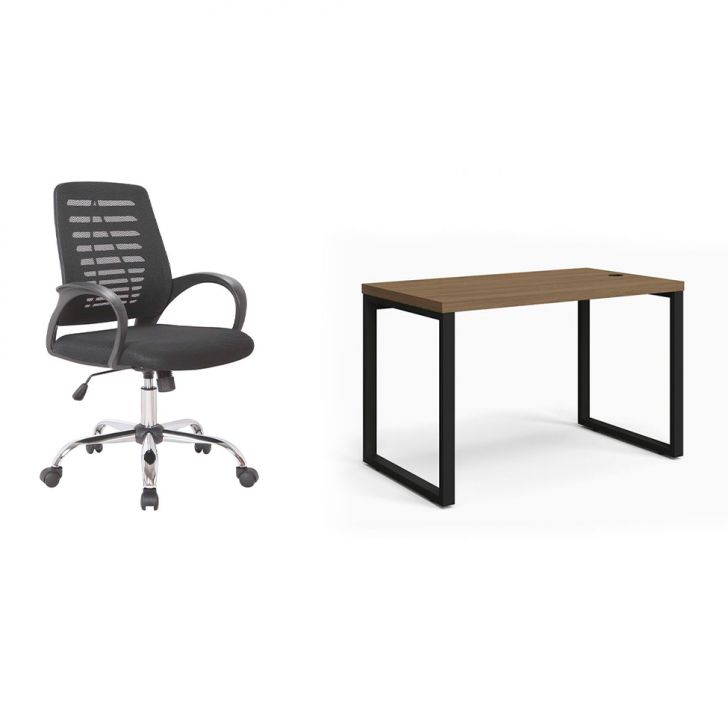 Conjunto de Mesa Munique Carvalho 120 cm com Cadeira de Escritório Secretária Giratória Light Preta