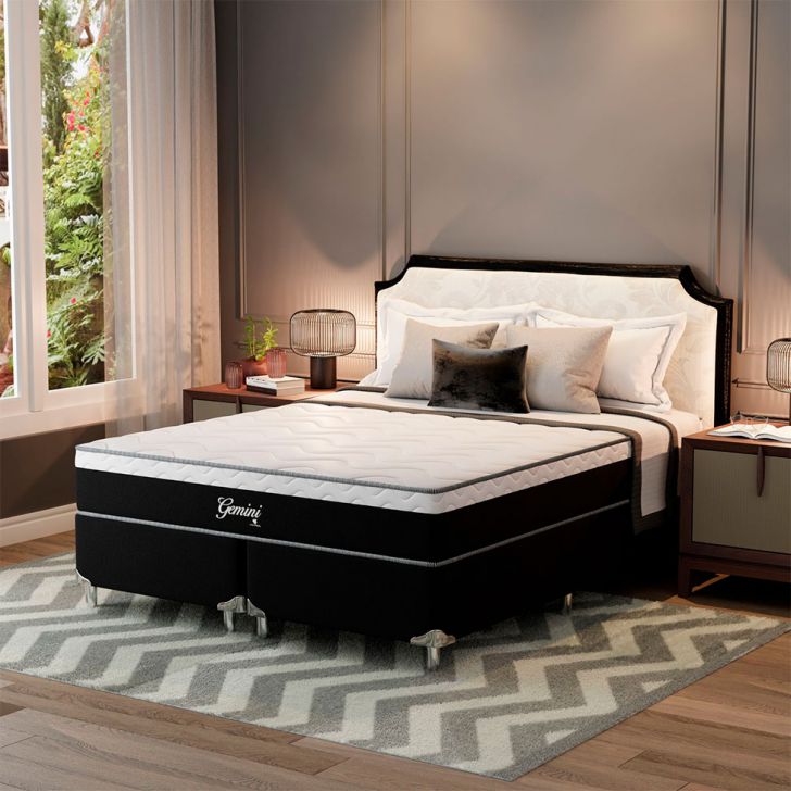Cama Box Queen Gemini Com Colchão Queen Molas Ensacadas Grafite E Branca