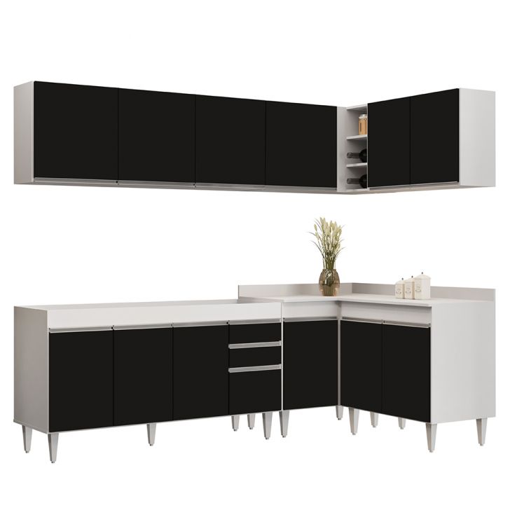 Armário de Cozinha Modulado de Canto 6 Peças CP31 Balcão sem Tampo Branco/Preto - Lumil