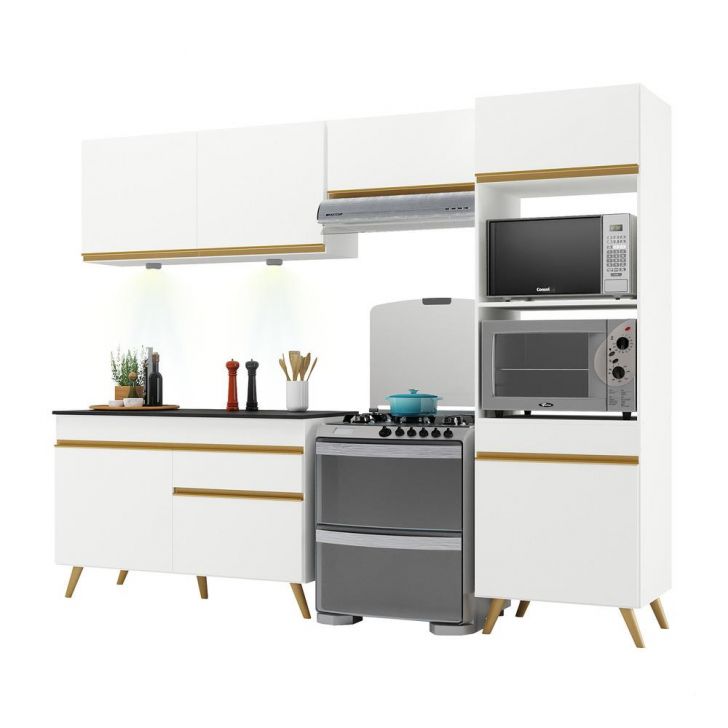 Armário de Cozinha Compacta 252cm com Leds Veneza Up Multimóveis V2018 Branco/Dourado