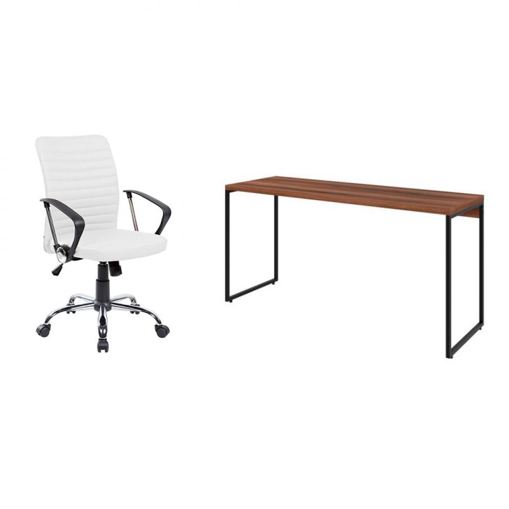 Conjunto de Mesa Studio Nogal 150 cm com Cadeira de Escritório Diretor Giratória Oslo Branca