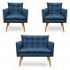 Kit 2 Poltronas e Namoradeira 2 Lugares Olivia Suede Azul Marinho Pés Palito Castanho - Pallazio