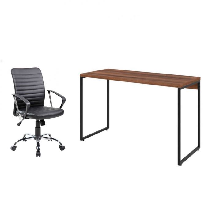 Conjunto de Mesa Studio Nogal 120 cm com Cadeira de Escritório Diretor Giratória Oslo Preta