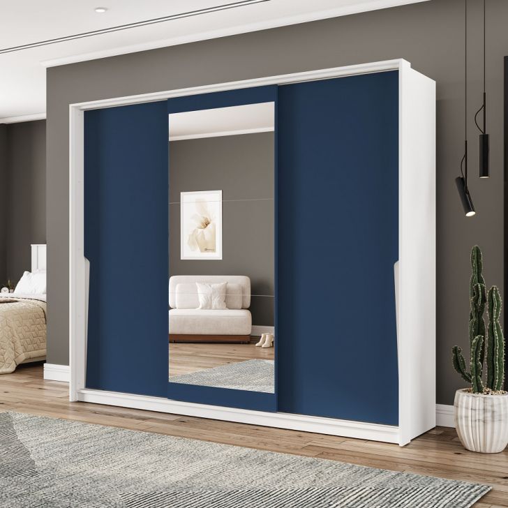Guarda-roupa Casal Com Espelho Porto 3 Portas 4 Gavetas Branco E Azul