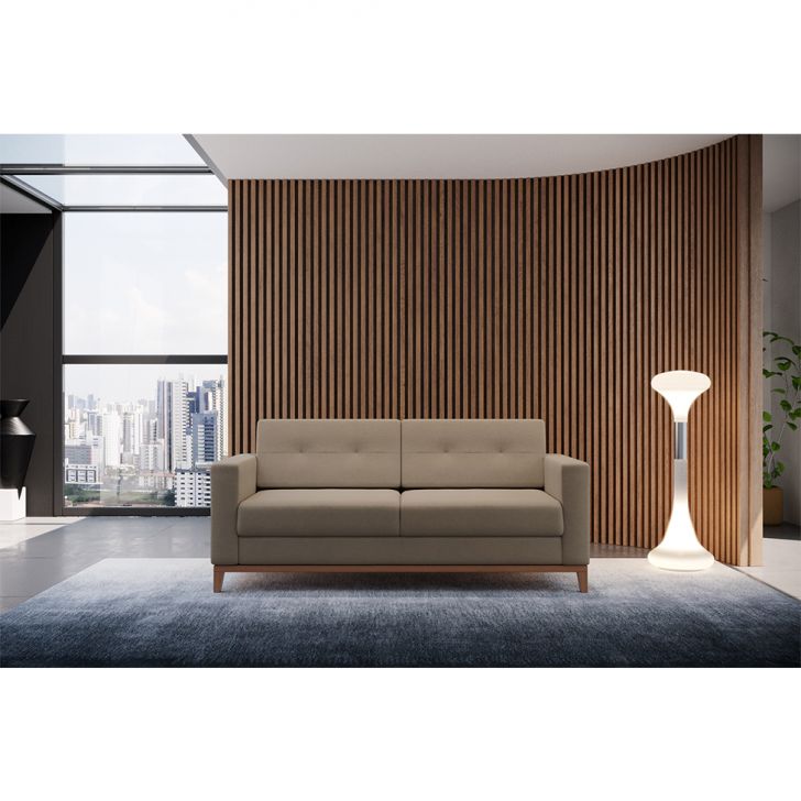 Sofá 2 Lugares Living Pés E Base Em Madeira Linho Cotton Bege