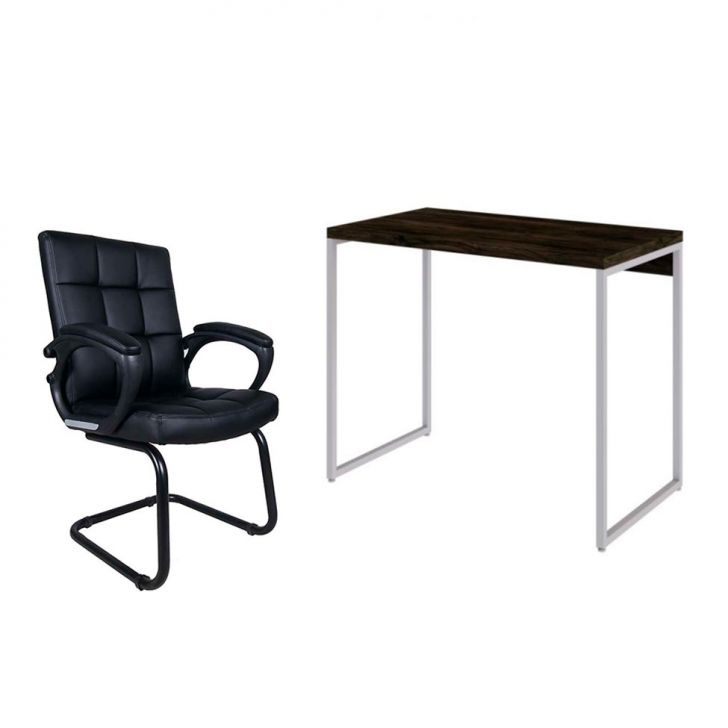 Conjunto de Mesa Studio Carvalho Dark e Branca com Cadeira de Escritório Interlocutor Fixa Charles Preta