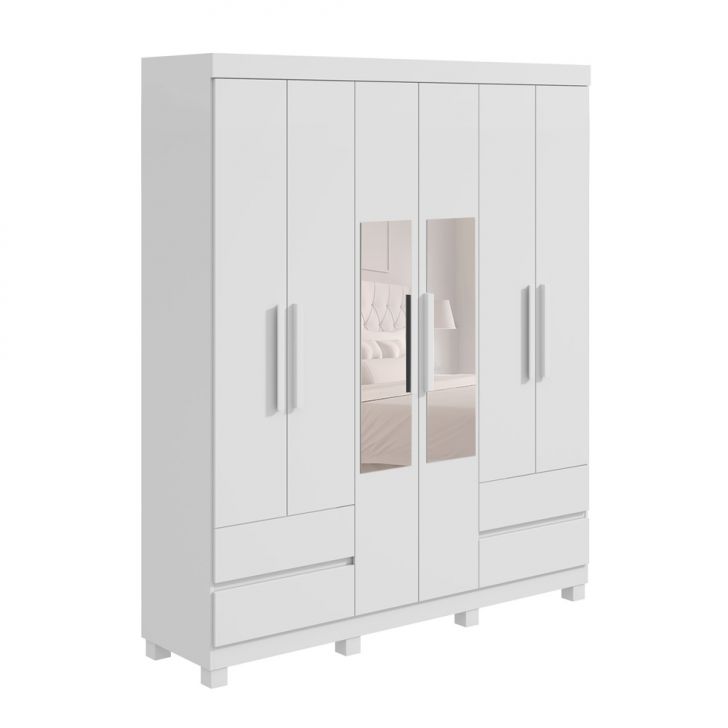 Guarda-roupa Casal Com Espelho Zeus Com Pés 6 Portas 4 Gavetas Branco