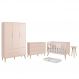 Dormitório Infantil Theo 3 Portas, Cômoda 6 Gavetas, Berço, Mesa de Canto Rosa Fosco com Pés Madeira Natural e Colchão - Reller Móveis