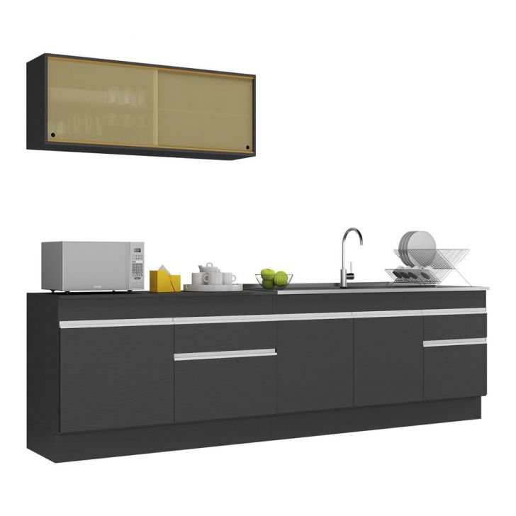 Armário de Cozinha Compacta 270cm com Rodapé Veneza Multimóveis V2112 Preto/Branco