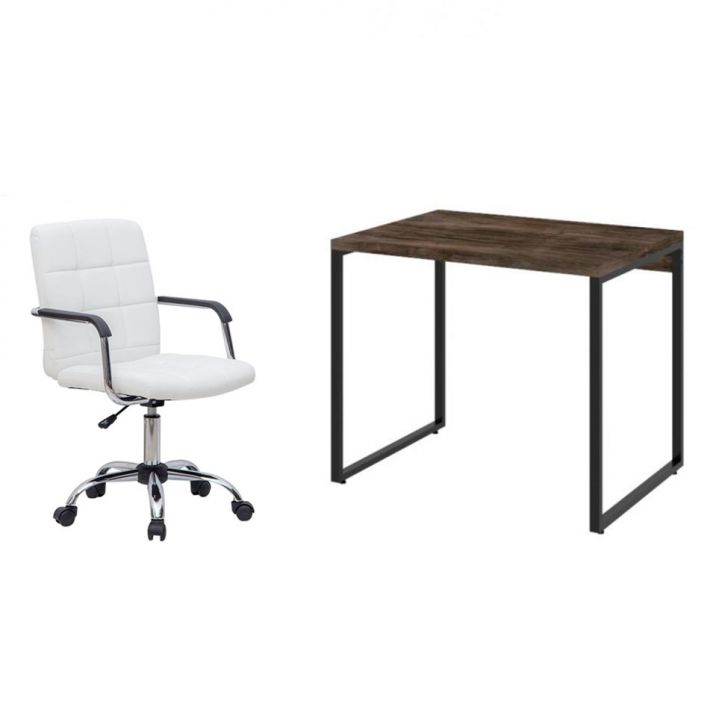 Conjunto de Mesa Kuadra Marrom Escuro com Cadeira de Escritório Secretária Giratória Fitz Branca