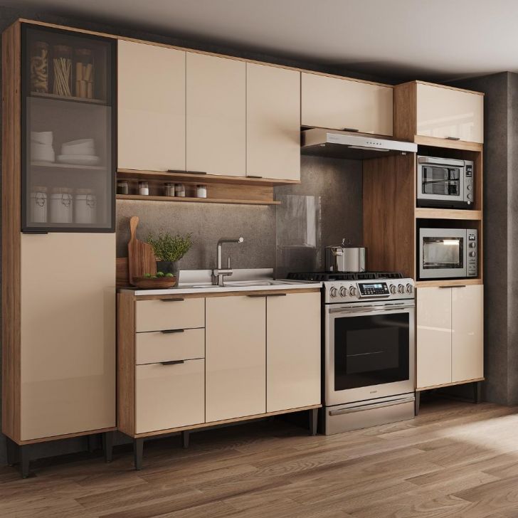 Armário de Cozinha Completa c Balcão Miami City Carraro Off White c Freijó