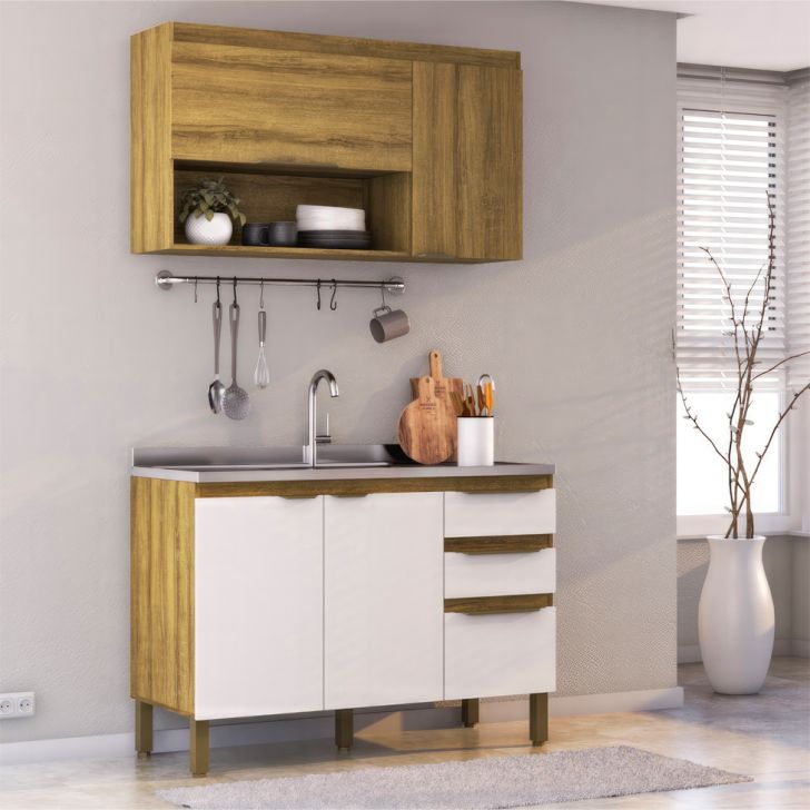 Cozinha Compacta Magnólia com Armário Aéreo 4 Portas 3 Gavetas Mel e Branca