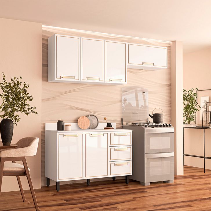 Cozinha Completa com Tampo Amara 6 Portas 3 Gavetas Branca