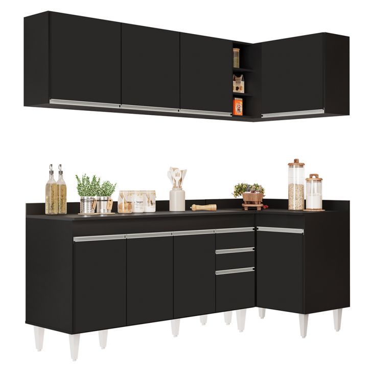 Armário de Cozinha Modulado de Canto Esquerdo 4 Peças CP50 Balcão com Tampo Preto - Lumil