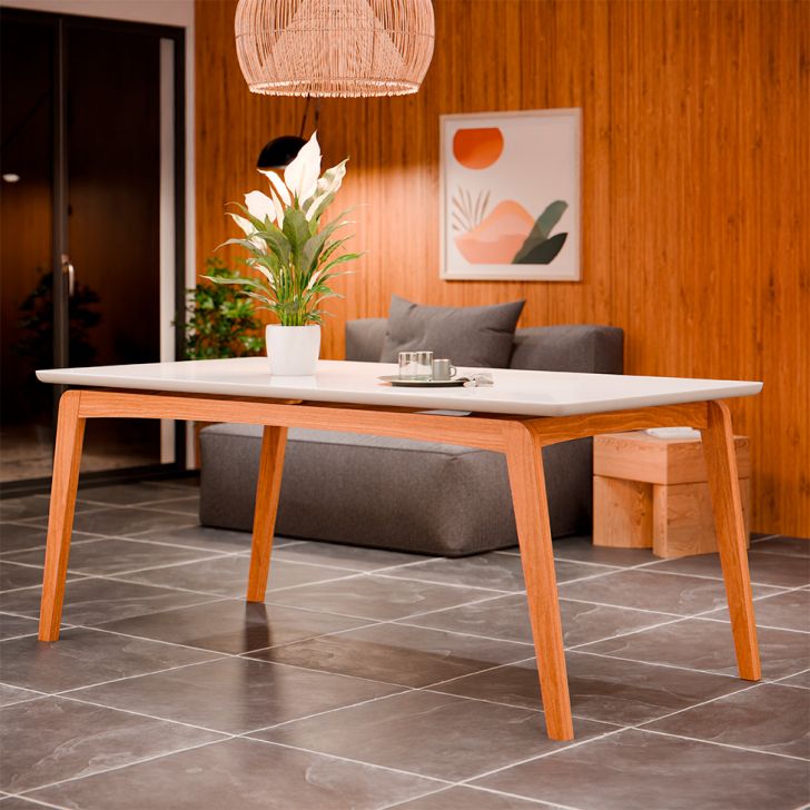 Mesa de Jantar Retangular com Tampo de Vidro Detroit Off White e Nature 180 cm