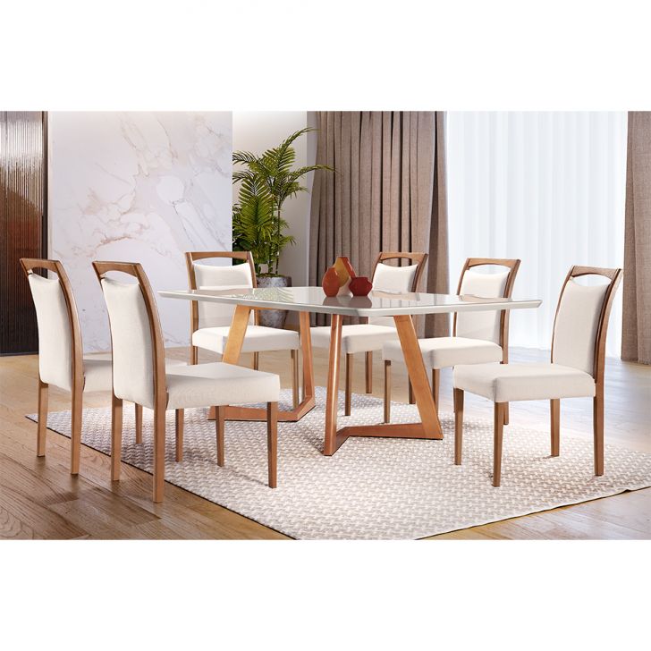 Conjunto De Mesa De Jantar Com Tampo De Vidro E 6 Cadeiras Esparta Linho Off White E Imbuia