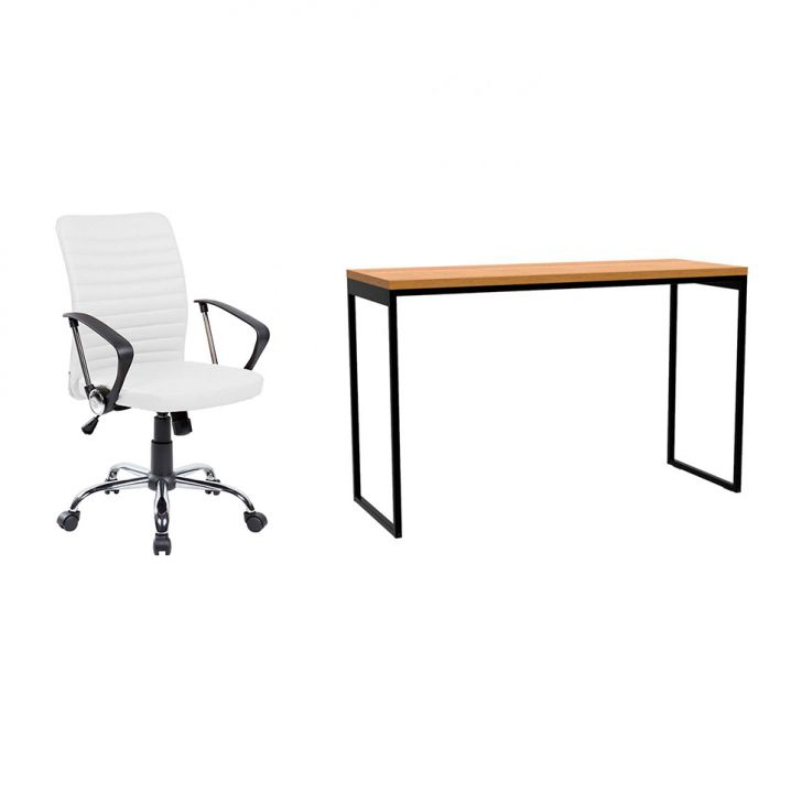 Conjunto de Mesa Stanford Amêndoa e Preta 120 cm com Cadeira de Escritório Diretor Giratória Oslo Branca