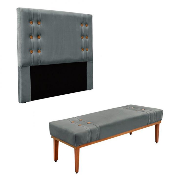 Conjunto de Cabeceira Queen com Recamier Gênova Veludo Cinza