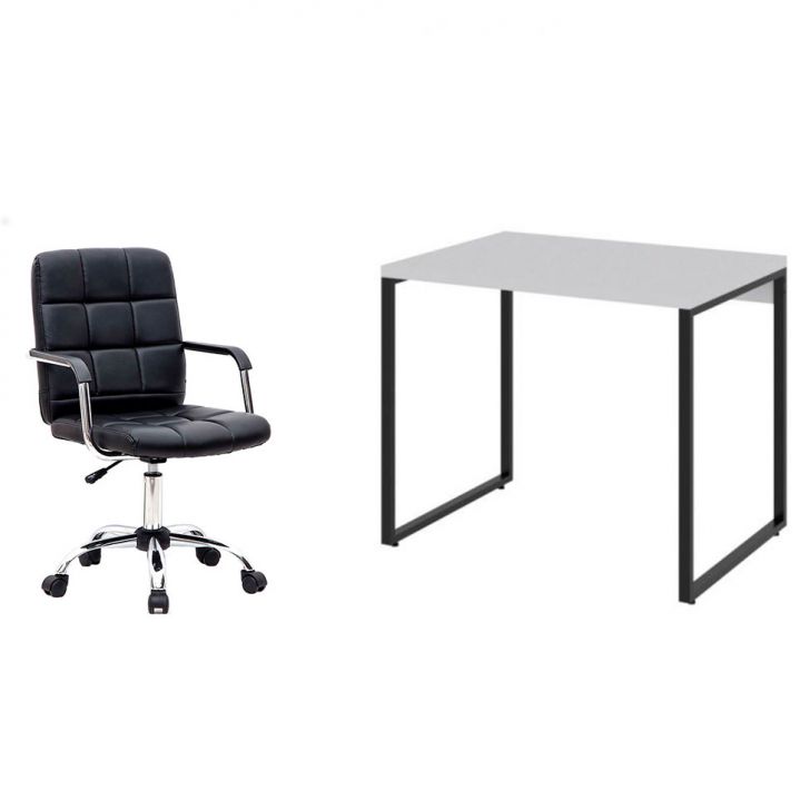 Conjunto de Mesa Kuadra Branca e Preta com Cadeira de Escritório Secretária Giratória Fitz Preta