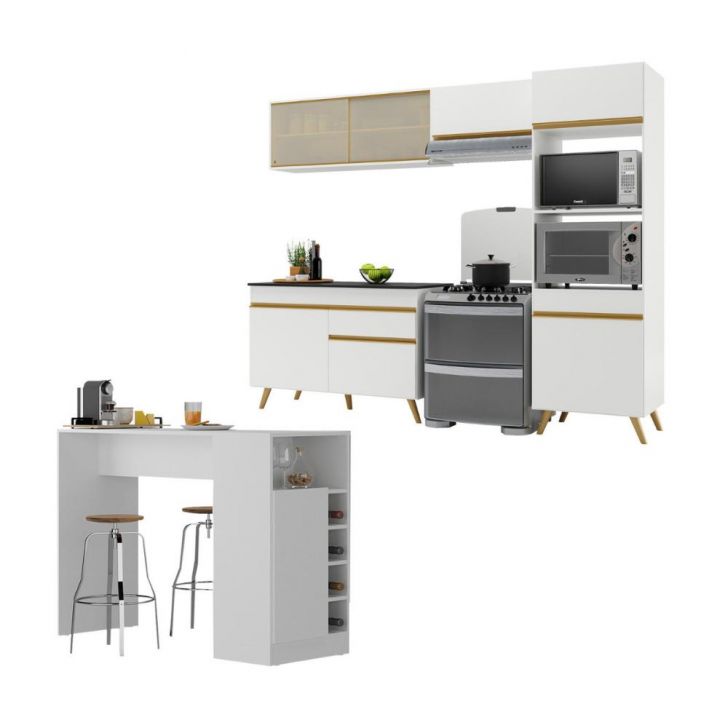 Armário de Cozinha Modulado com Bancada Americana Multimóveis MP2209 Branco/Dourado