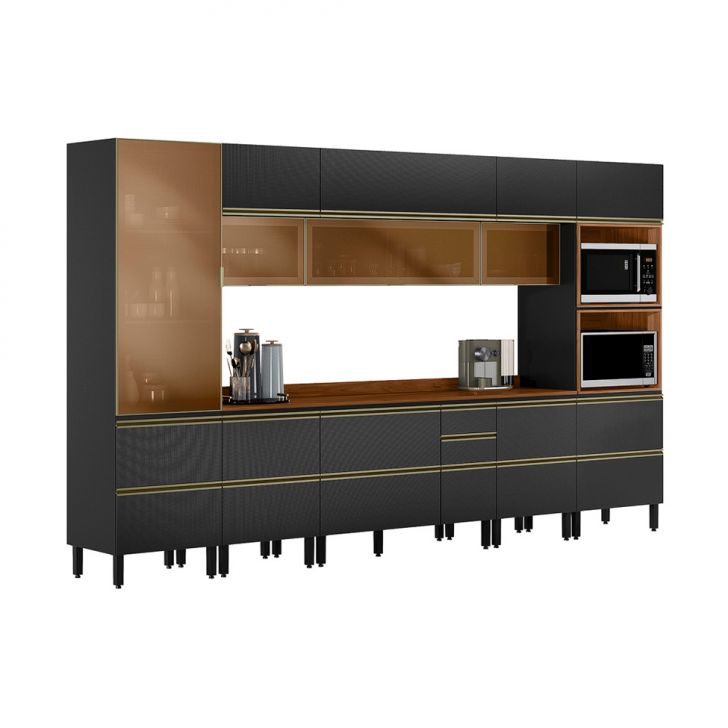 Cozinha Completa com 4 Vidros Reflecta Proença 12 Portas 9 Gavetas Carbono e Nogueira