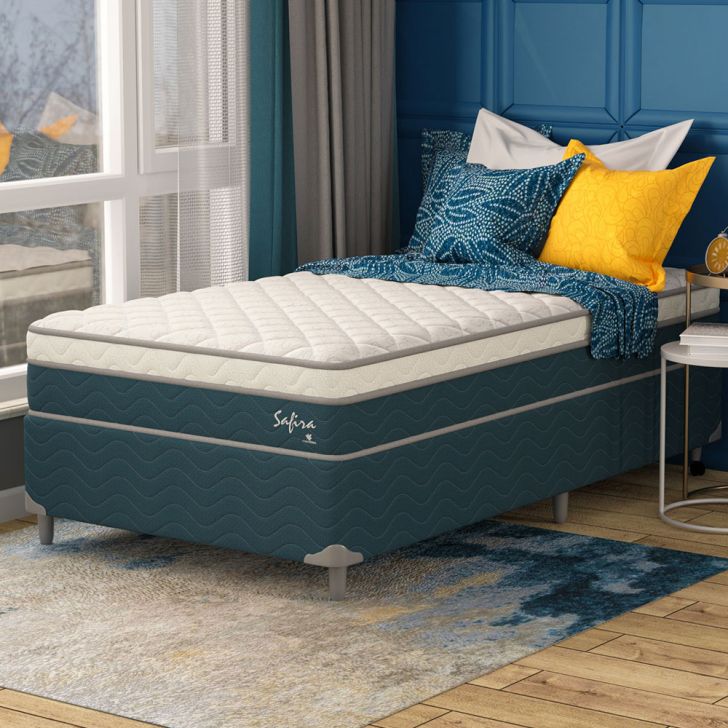 Cama Box Solteiro King Com Colchão Safira (63x108x198) Azul E Branco