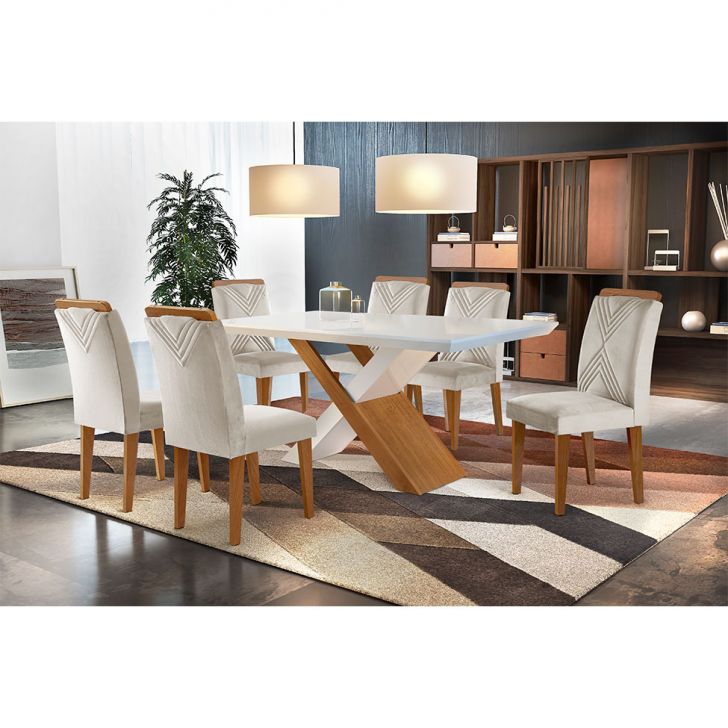 Conjunto De Mesa De Jantar Retangular Com Tampo Off White Genova E 6 Cadeiras Itália Veludo Creme E Imbuia