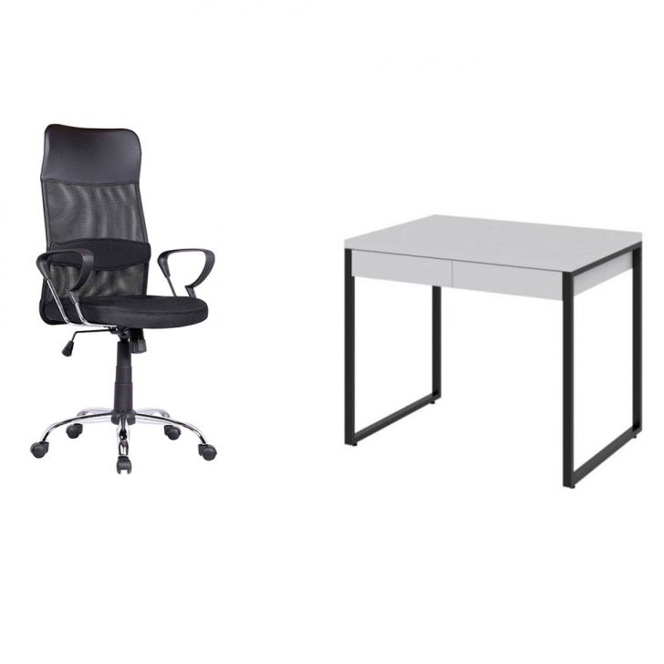 Conjunto de Mesa Kuadra 2 GV Branca com Cadeira de Escritório Diretor Giratória Vancouver Preta