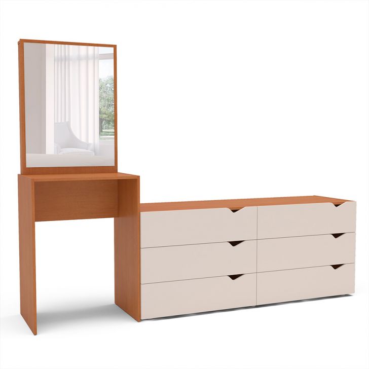 Cômoda com Espelho Porto 6 Gavetas Freijó e Creme