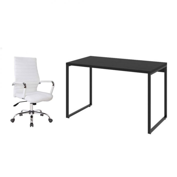 Conjunto de Mesa Kuadra Preta 120 cm com Cadeira de Escritório Diretor Giratória Cleaner Branca