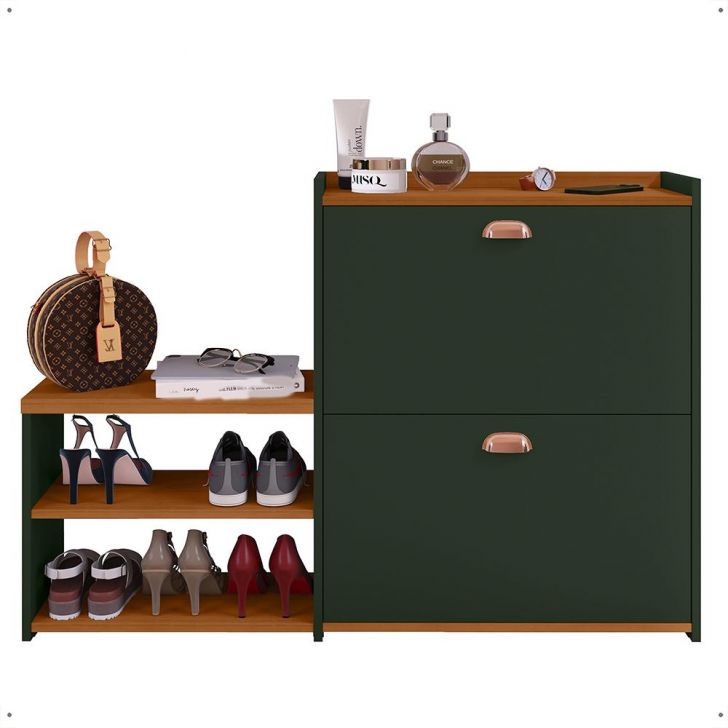 Sapateira Vertical Milano 2 Gavetas Basculantes Prateleira Porta Calçados Banquinho Hall Entrada Canto Quarto Retrô - Verde/Cedro - RPM