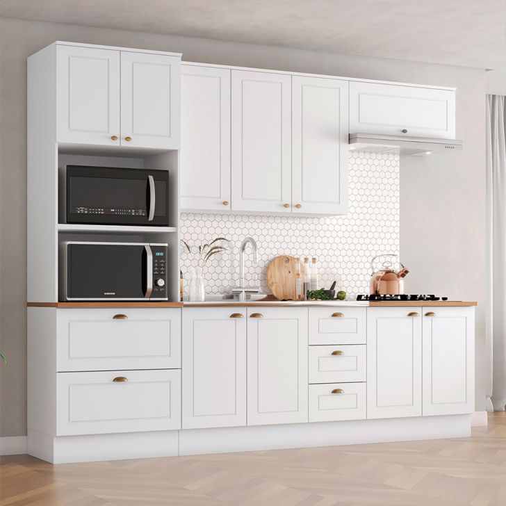 Cozinha Compacta Americana 10 Portas 5 Gavetas Branca e Nature