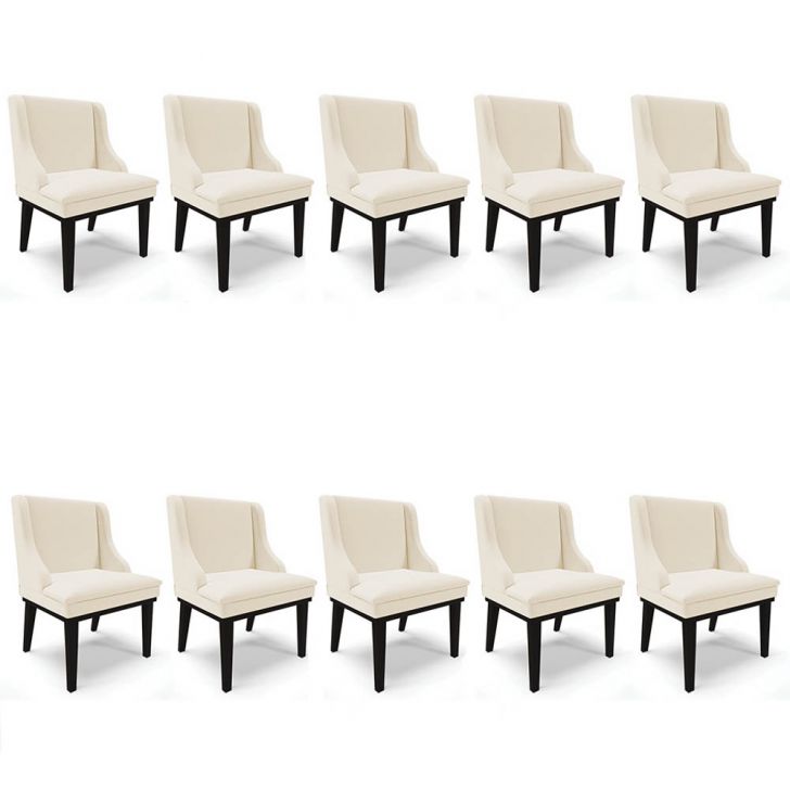 Kit 10 Cadeiras Estofadas para Sala de Jantar Base Fixa de Madeira Preto Lia Linho Bege - Ibiza