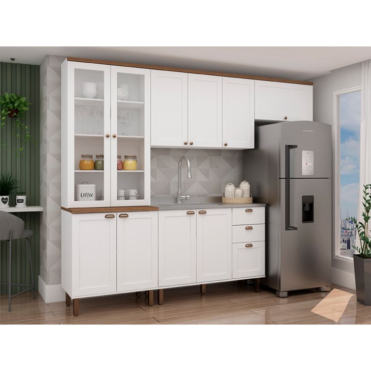 Image of Cozinha Compacta Iluminata Com Vidro 10 Portas 3 Gavetas Branca E Ébano PLA-MO895CL29SJAMOB
