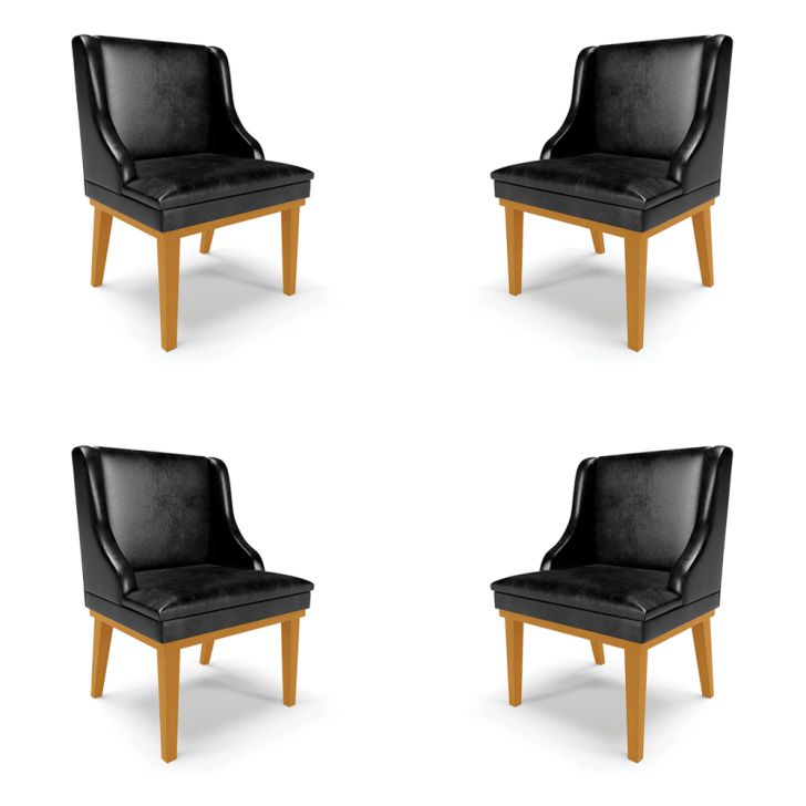 Kit 4 Cadeiras Decorativas Sala de Jantar Base Fixa de Madeira Firenze PU Preto Brilho/Castanho G19 - Gran Belo