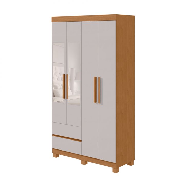 Guarda-roupa Casal Com Espelho Zeus Com Pés 4 Portas 2 Gavetas Off White E Amêndoa
